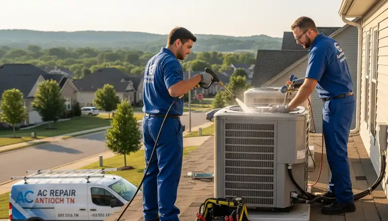 Professional AC repair technician servicing air conditioner in Nashville, TN home