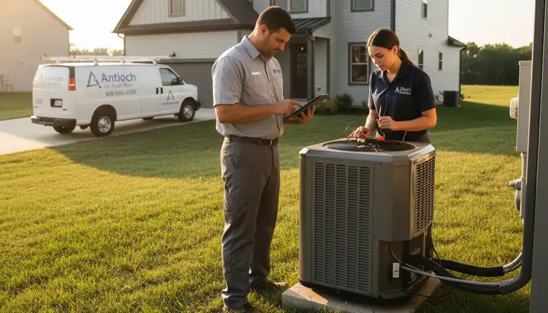 Professional AC repair technician servicing air conditioner unit in Nashville, TN