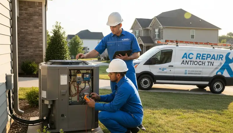 Professional AC repair technician servicing air conditioner in Nashville TN home