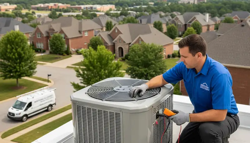 Professional AC repair technician servicing air conditioner unit in Nashville, TN