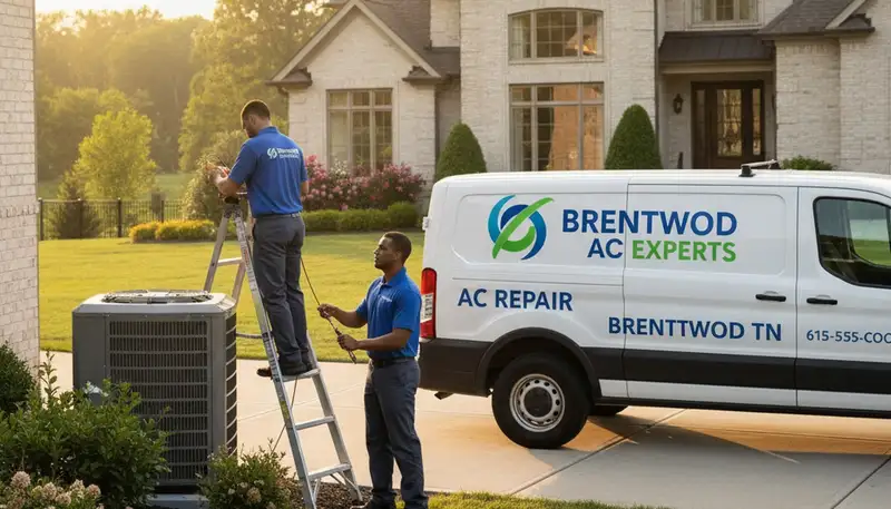 Professional AC repair technician servicing air conditioner unit in Nashville TN home