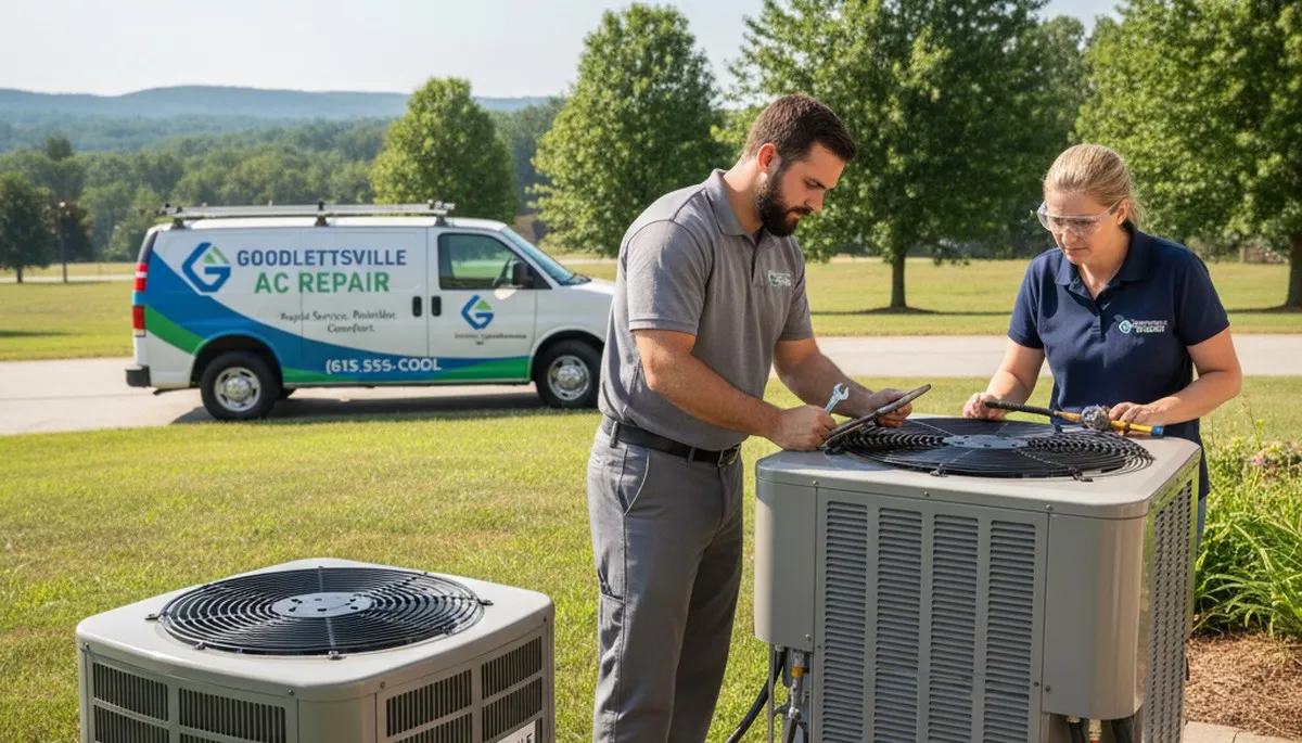 HVAC technician performing AC repair service at a home in Nashville, TN