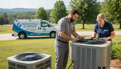 HVAC technician performing AC repair service at a home in Nashville, TN
