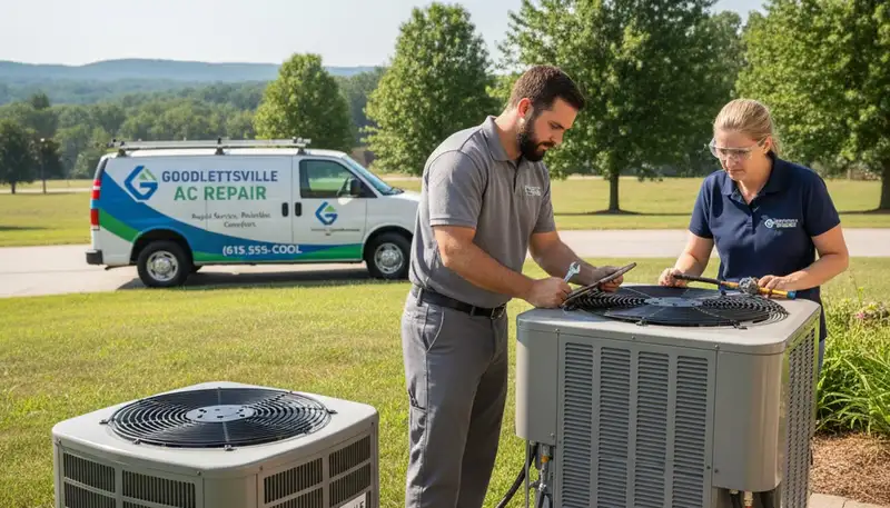HVAC technician performing AC repair service at a home in Nashville, TN