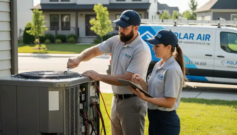 Professional AC repair technician servicing air conditioner unit in Nashville, TN