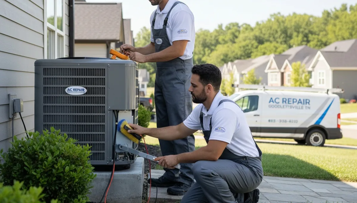 Professional AC repair technician servicing air conditioner in Nashville TN home