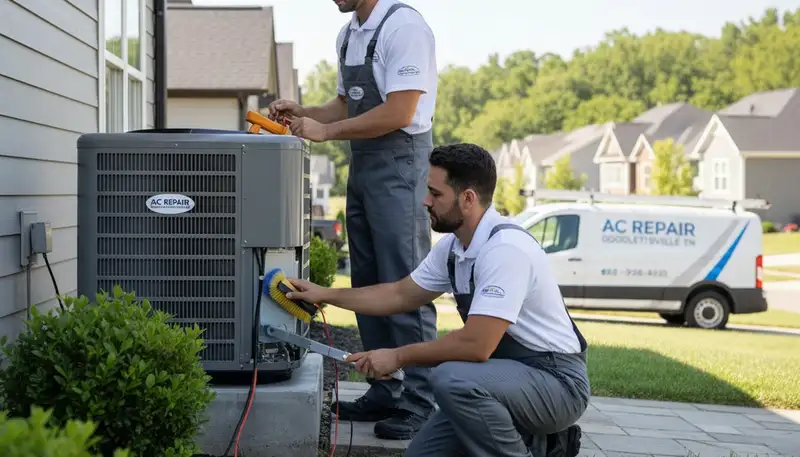 Professional AC repair technician servicing air conditioner in Nashville TN home