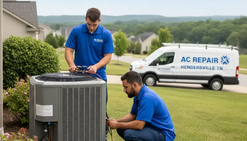 Professional AC repair technician servicing air conditioner unit in Nashville, TN