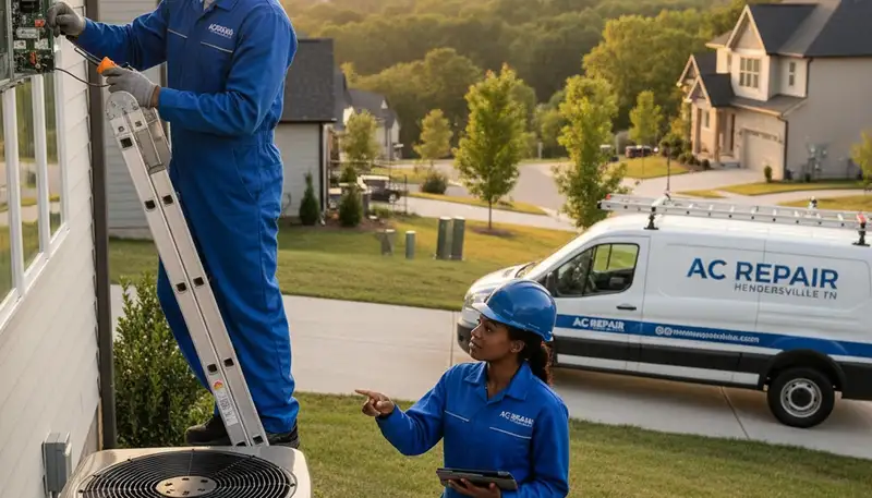 Professional AC repair technician servicing air conditioner unit in Nashville TN home