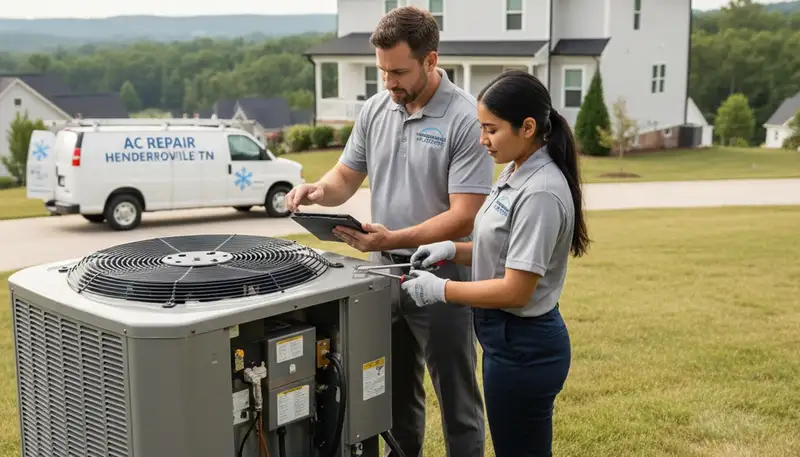 Professional AC repair technician servicing air conditioner unit in Nashville TN home