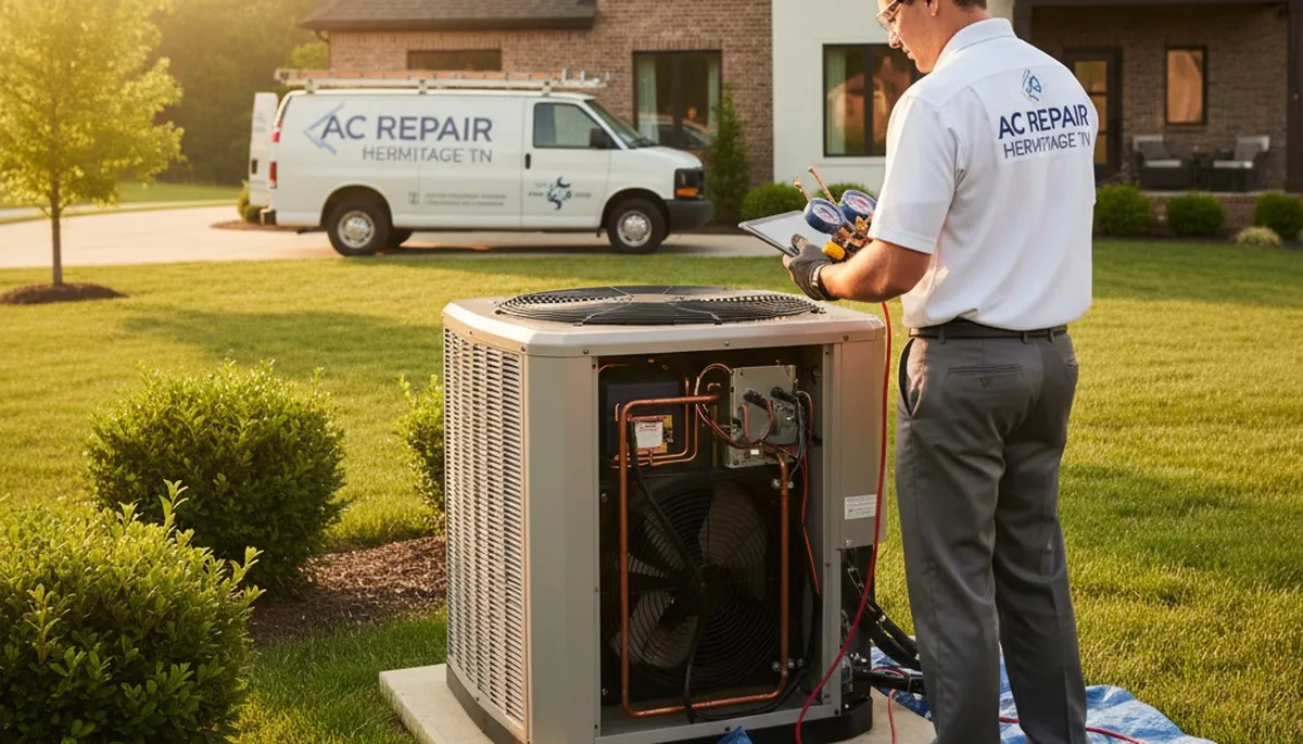 Professional AC repair technician servicing air conditioner unit in Nashville, TN