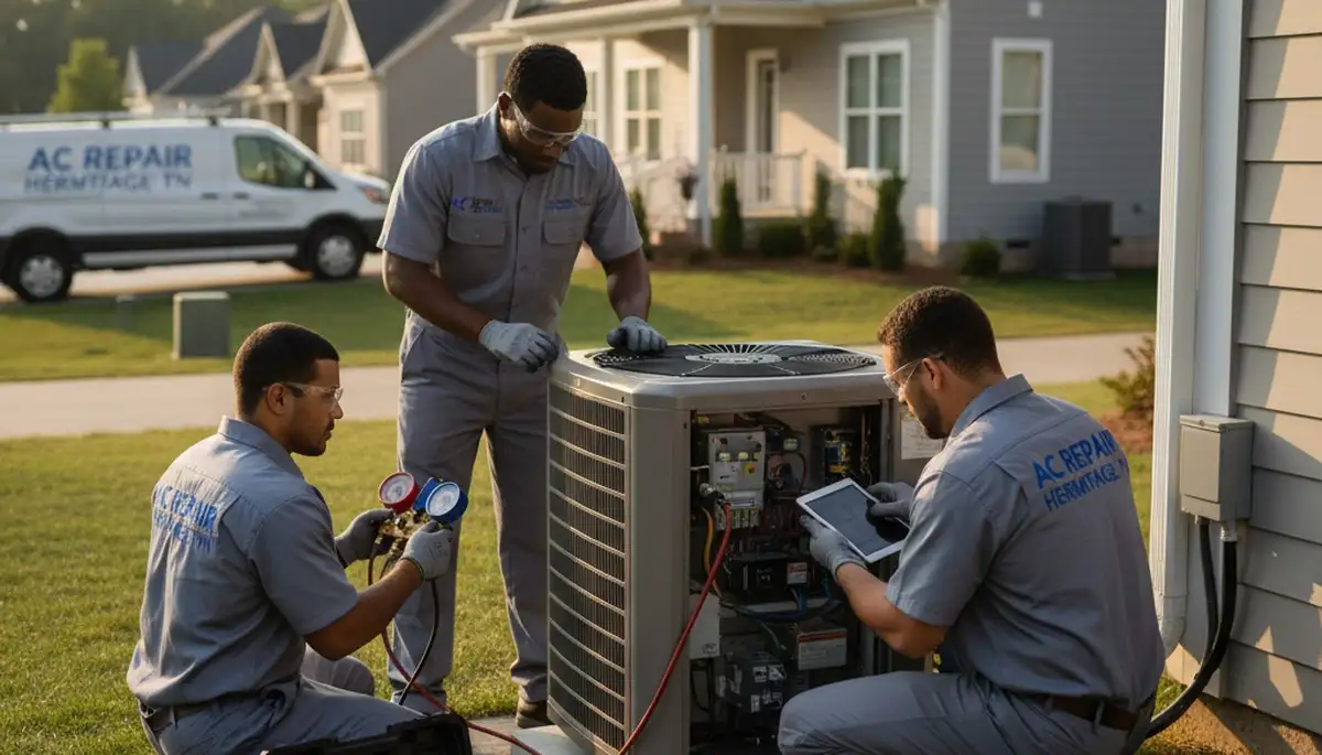 Professional AC repair technician servicing central air unit in Nashville, TN homes