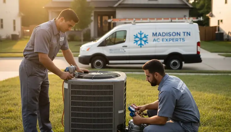 Professional AC repair technician servicing air conditioner unit in Nashville TN home