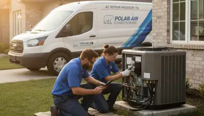Professional AC repair technician servicing air conditioner unit in Nashville TN home