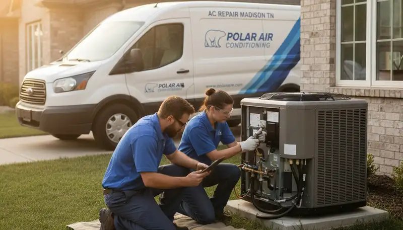 Professional AC repair technician servicing air conditioner unit in Nashville TN home