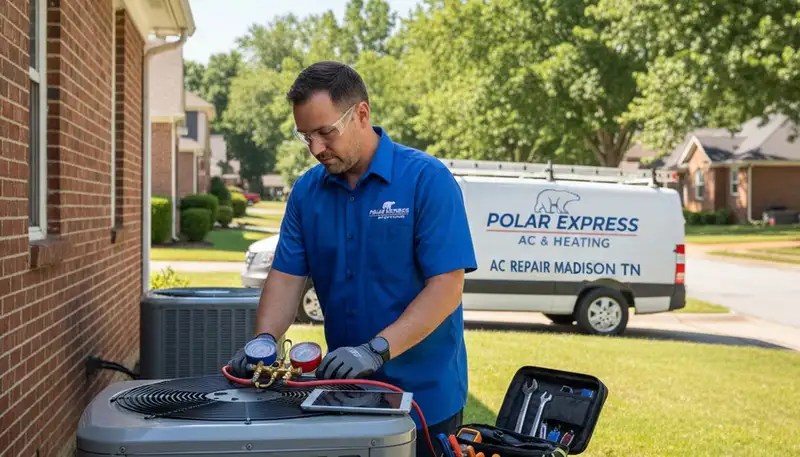 Professional AC repair technician servicing air conditioner in Nashville TN home