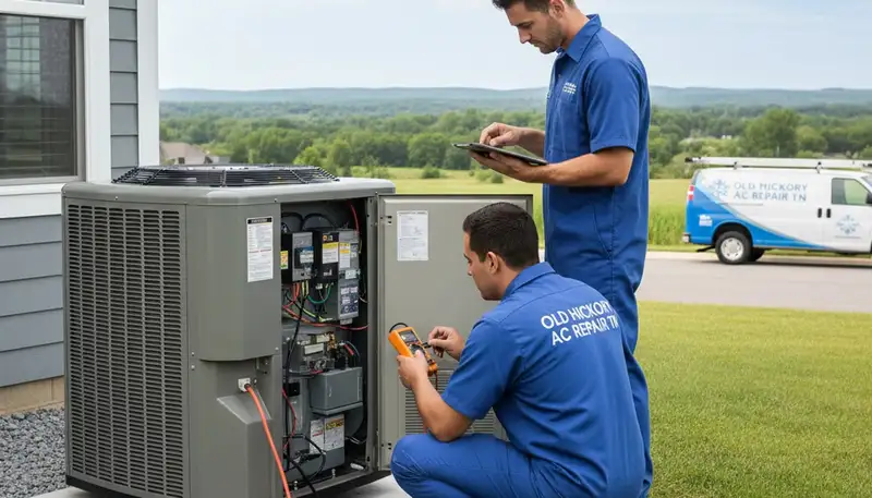 HVAC technician performing AC repair service in Nashville TN home