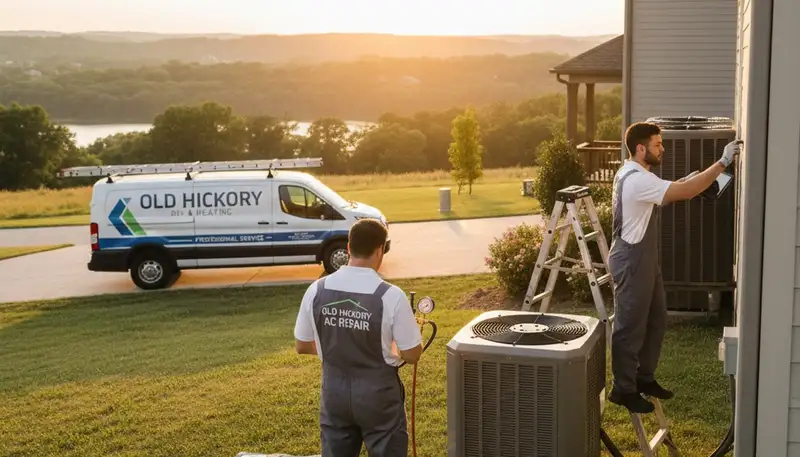 Professional AC repair technician servicing central air unit in Nashville, TN