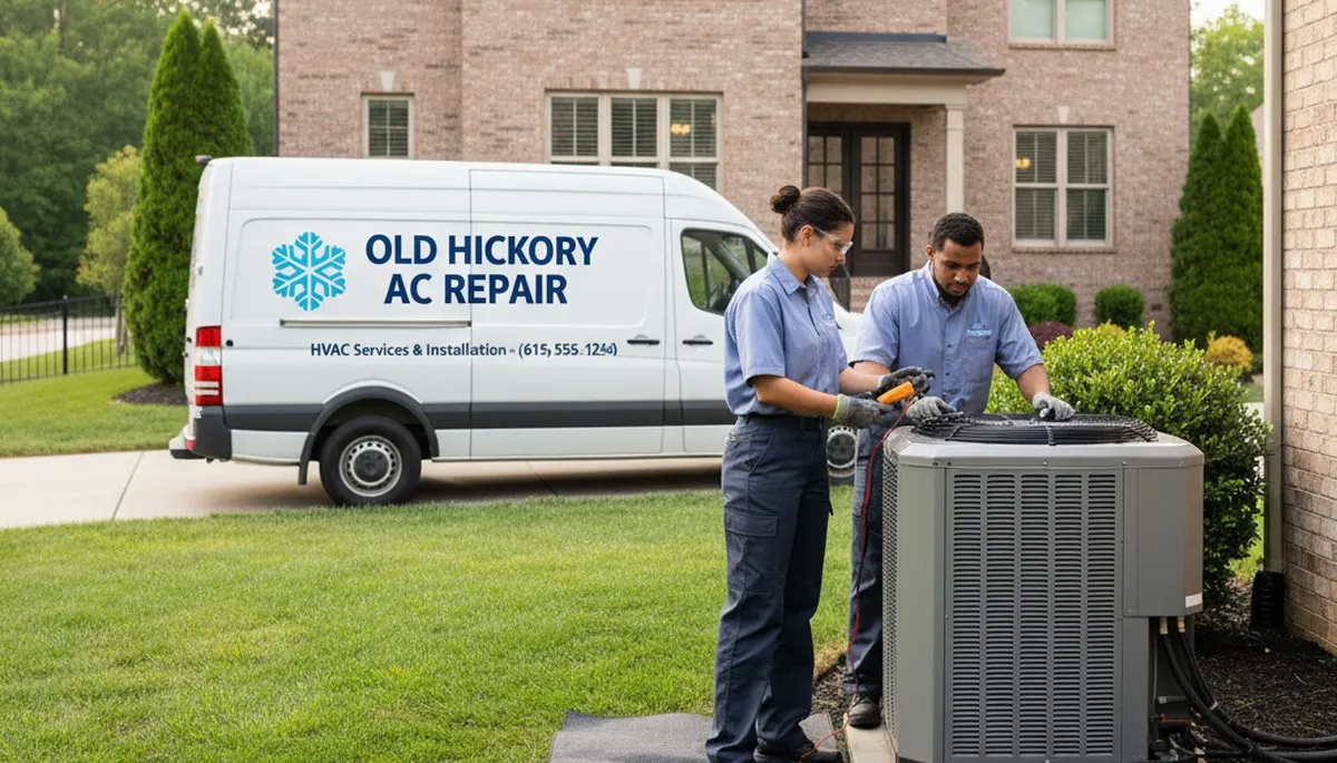 Professional AC repair technician servicing home air conditioner in Nashville, TN