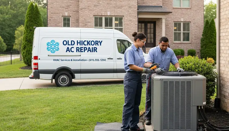 Professional AC repair technician servicing home air conditioner in Nashville, TN