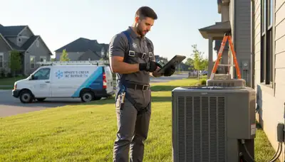 Professional AC repair technician servicing air conditioner in Nashville TN home