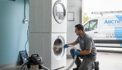 Technician performing professional dryer vent cleaning in Nashville, TN home for fire safety and airflow efficiency