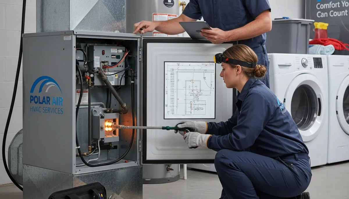 Technician performing heating repair on furnace in Nashville TN home by Five Star Cooling